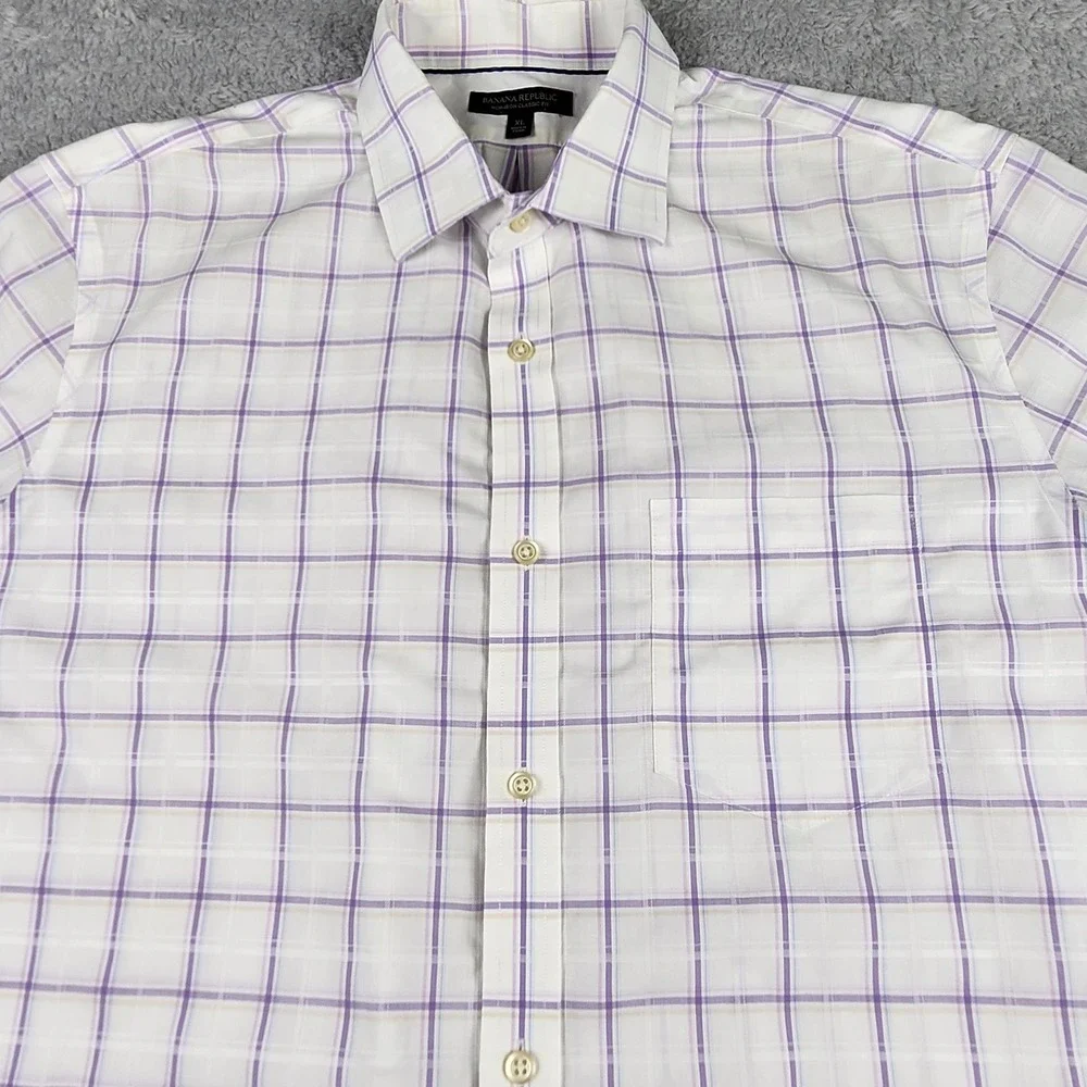 Banana Republic Button Down Mens XL White Purple Plaid‎ Non-Iron Classic Fit